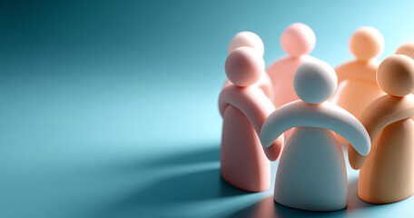 Group of abstract human figures standing in a circle on a blue surface symbolizing teamwork and unity with soft lighting and shadows