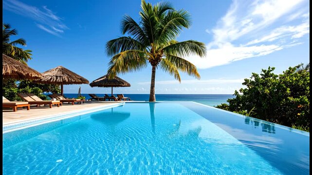 Tropical Paradise with Infinity Pool and Palm Tree.