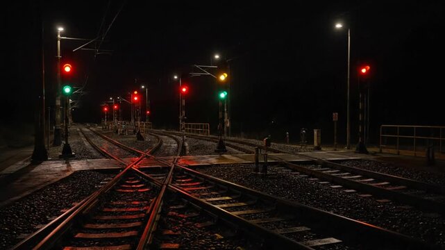 Illuminated tramway junction signals brightly pierce the darkness of the railway yard creating a striking nocturnal transport scene.