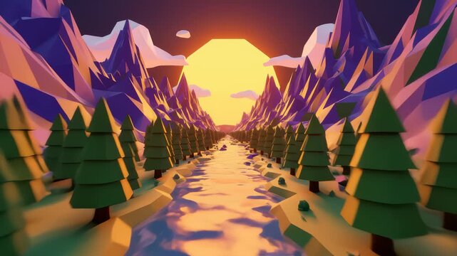 Low Poly River Flowing Through Valley Amidst Mountains at Sunset