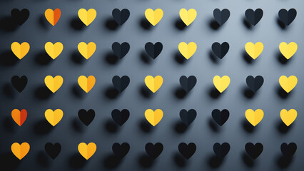 Rows of hanging paper hearts in yellow and gray create a modern Valentine's Day decoration