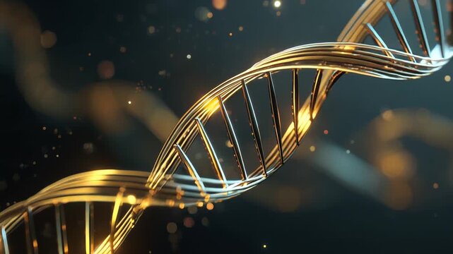 3D Golden DNA Double Helix Structure Rotating, Luxury Medical Science and Genetics Background,