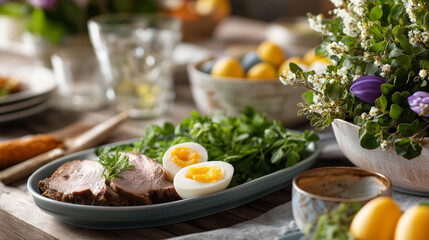 Traditional easter dishes on festive table spring holiday meal display seasonal celebration dining cultural feast arrangement with copy space