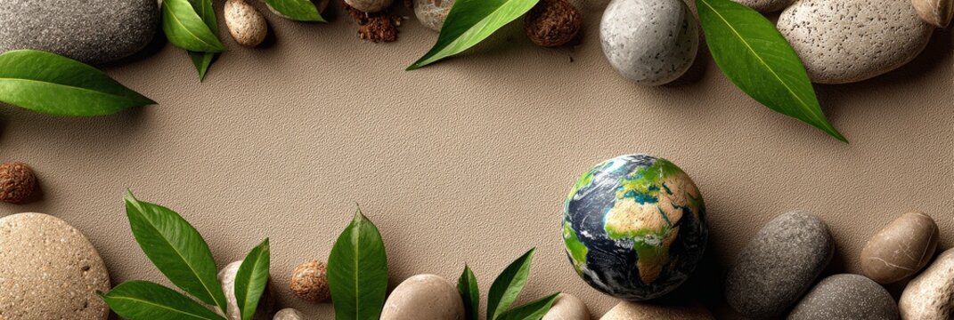 Planet Earth Globe with Green Leaves and Stones on Textured Surface