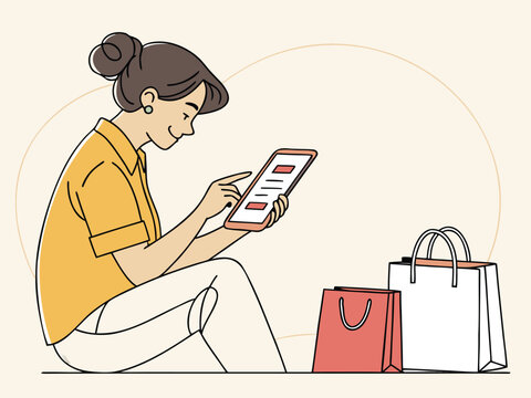 
Young woman using smartphone for online shopping, e-commerce mobile app interface, lifestyle photography, soft lighting, clean background, realistic style