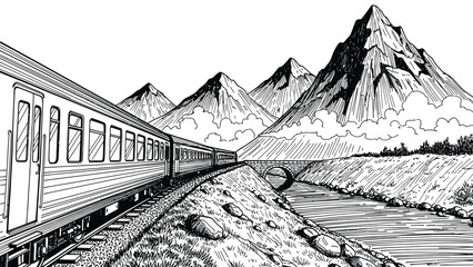 Fototapeta premium A train travels along a curved track by a river, set against snow-capped mountains and clouds. The scene evokes a sense of adventure and tranquility.