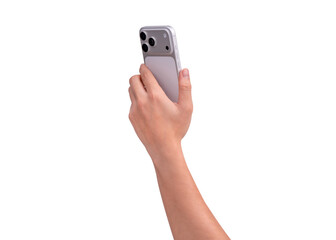 Rear view of hand holding smartphone mockup isolated on transparent background. Back side of mobile phone mockup for copy space.
