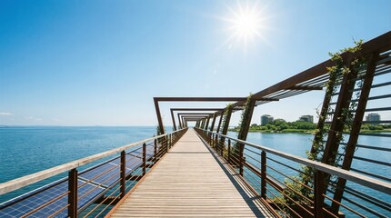 Obraz premium Wooden pier with metal frames and climbing greenery extending over calm blue lake. Scenic boardwalk path in sunny nature landscape. Outdoor trail concept for relaxation and exploration in summer