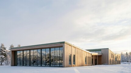 Fototapeta premium Wide shot of modern wooden building in snowy forest. Contemporary architecture with large glass windows and green roof accents. Sustainable design in winter landscape.