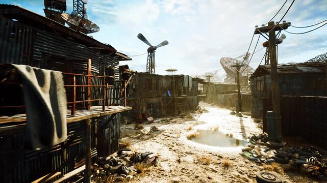 sunlit apocalyptic shantytown muddy street, narrow makeshift alley lined with corrugated metal shacks, wind turbine on horizon, scattered debris and puddles