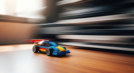 Vibrant Lego Car Speeding on Wooden Floor with Motion Blur Background.