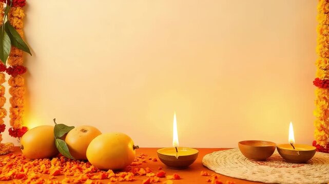 Traditional Diwali celebration with flickering diya oil lamps. Hindu puja setup with mangoes and marigold flower garlands. Festive background with copy space