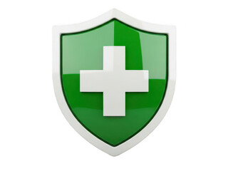 Obraz premium A glossy green shield with a white cross symbolizing health and protection on transparent background