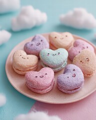 Heart-shaped macarons with tiny faces, pastel plate, fluffy clouds background, dreamy cute aesthetic