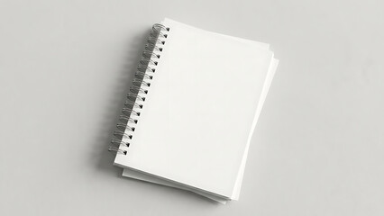 Blank white spiral bound notebook lying on a light gray surface paper pages