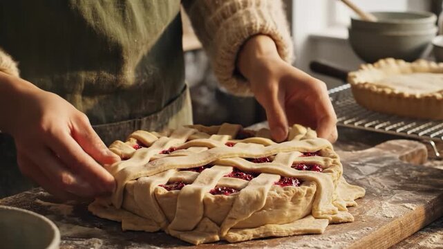 Person making a lattice topped fruit pie on a wooden board