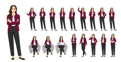 Obraz na płótnie Canvas Big set of beautiful business young woman wearing formal outfit in different poses. Various gestures female character standing and sitting in the armchair. Isolated vector illustration