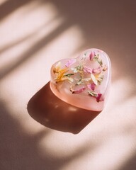 heart-shaped soap bar with botanical petals inside, spa aesthetic, soft diffused light