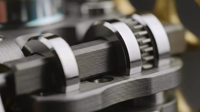 closeup metal camshaft gears rotating - showing precision movement across miniature mechanism spring compression - bearing rotation - polished steel surfaces - shallow depth of field - slow
