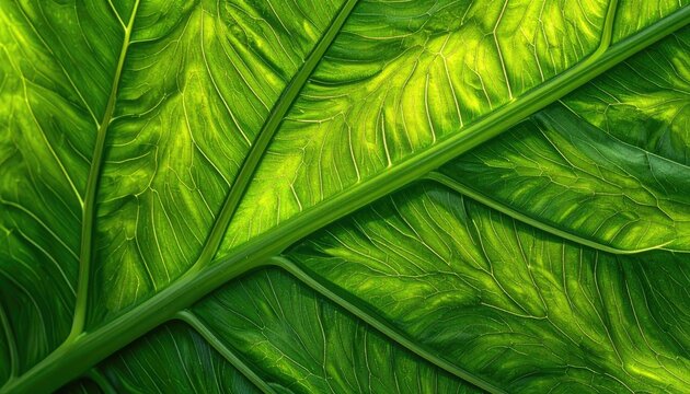 Vibrant close-up of bright green leaf veins backlit by sunlight.