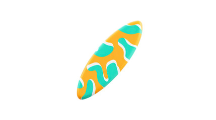 Colorful surfboard with abstract turquoise and white wave pattern on orange background, isolated on transparent surface, modern design, summer sport, energetic and playful vibe