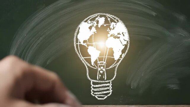Glowing lightbulb with world map on chalkboard