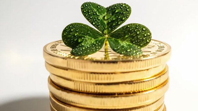 Stack of gold coins with shamrock on white background isolated on white background