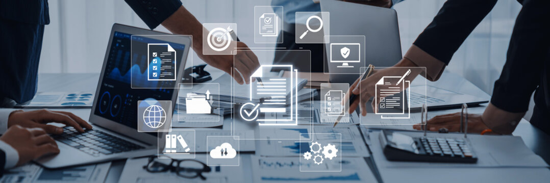 Concept of corporate compliance and quality control. Following a checklist and adhering to company policy and regulatory standards, confirmed by an official audit documentation. Fermion