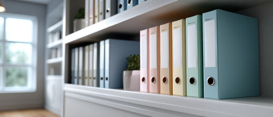 Obraz premium Close-up of pastel-colored ring binders neatly arranged on a white wooden shelf in a bright space with natural light