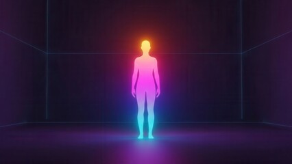 Fototapeta premium Vibrant Glowing Human Silhouette in Abstract Neon Grid Space Depicting Digital Identity