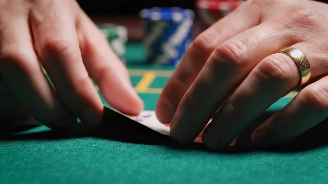 Precise card handling with secret skill - Close shot of hands expertly shuffling cards secretly - Intimate view of skilled hands performing covert card tricks on green surface