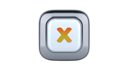 Obraz premium Glossy metallic square button with rounded edges featuring gradient orange X symbol in center, isolated on transparent background, modern and minimalistic style