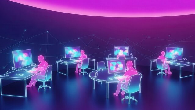 Futuristic digital workplace with neon glow and interconnected users operating virtual interfaces