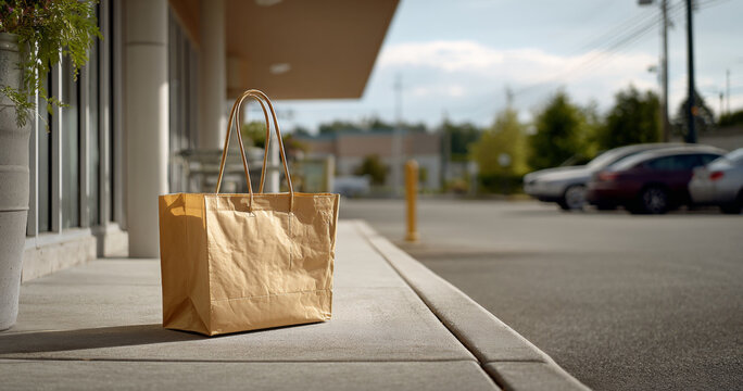 Brown paper shopping bag left on concrete sidewalk outside storefront with parked cars in background on sunny day