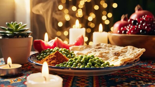 Traditional persian nowruz table setting with candles and food