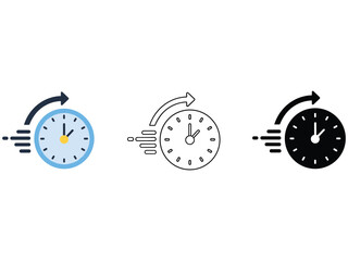 Clock with motion lines and arrow, indicating speed or urgency, in three styles
