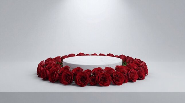 White marble podium with red roses, product display stand, 3d render, valentine background, floral pedestal, cosmetic showcase, empty stage, romantic flower ring, love, wedding, minimal studio, mockup
