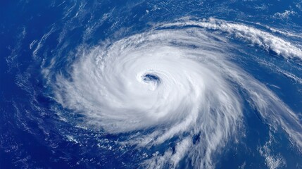 Top down orbital view of a hurricane with a well-defined eye, swirling clouds and vibrant blue ocean, showcasing nature's powerful forces