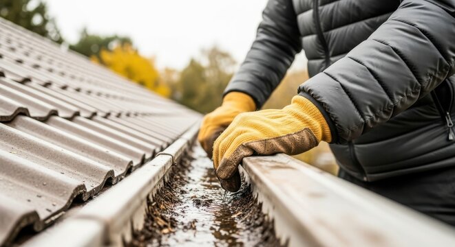 Person cleaning gutters on a roof