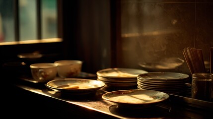 Obraz premium Sunlight Illuminates Empty Plates and Utensils on Table in a Cozy Restaurant Setting with Warm Tones and Soft Shadows of Evening Light