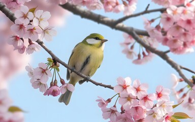 Small yellow bird perched on blooming cherry blossom branch outdoors