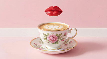 Fototapeta premium A steaming cup of frothy coffee with latte art in the shape of a heart, paired with vibrant red lips floating above, on a pink background.