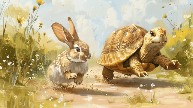 Rabbit and turtle racing in the garden