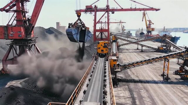 Red crane loading coal onto conveyor at busy port terminal - grab bucket scooping ore - towering conveyors - large stockpiles - dust clouds and maritime cranes in background - heavy logistics