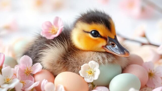 Fluffy duckling with yellow face resting pastel eggs pink cherry blossoms spring new beginnings Easter concept