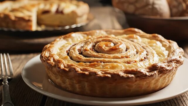Golden brown pie on a white plate with a fork