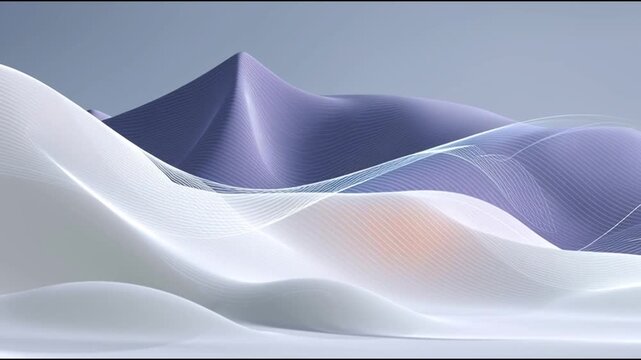 Abstract landscape with flowing waves of white and purple colors, creating a smooth gradient effect across the surface, set against a soft gray background