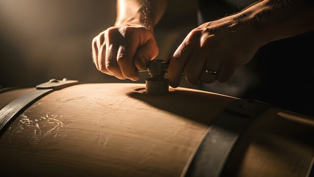 Artisan hands closing an oak wine barrel in a dark cellar for traditional winemaking concept and quality aging process