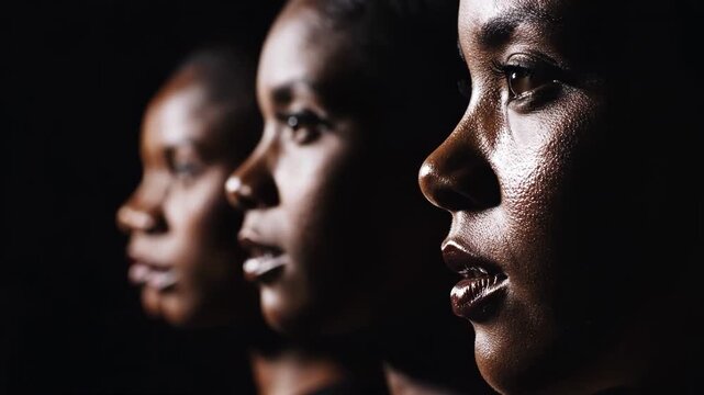 Closeup of three darkskinned faces in profile with dramatic lighting