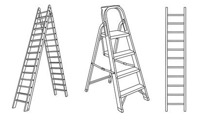 Line art of three ladders: left shows an A-frame ladder, middle has a stepladder with a platform, and right displays a simple straight ladder. © hossain